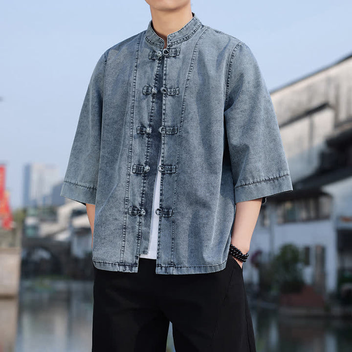 Buddha Stones Spring Vintage Tang Style Frog Button Solid Cotton Cropped Elbow-Length Sleeve Men's Jacket - image 21