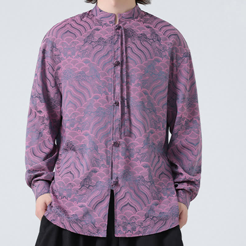 Buddha Stones Fall Vintage Tang Style Mandarin Collar Abstract Waves Men's Long Sleeve Shirts - image 22