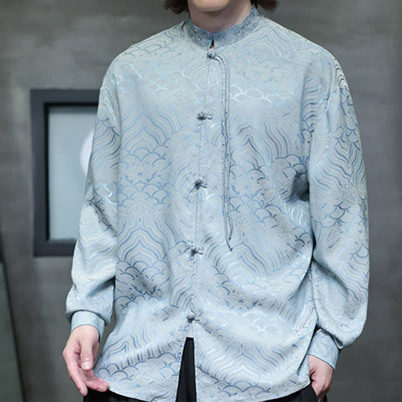Buddha Stones Fall Vintage Tang Style Mandarin Collar Abstract Waves Men's Long Sleeve Shirts - image 35