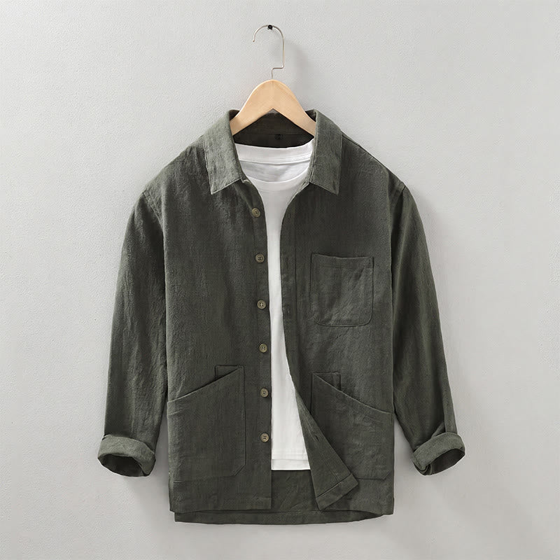 Buddha Stones Fall Casual Minimalist Button-Up Solid Ramie Men's Jacket With Pockets - DarkOliveGreen - US/UK/AU42，EU52 (3XL) - image 20