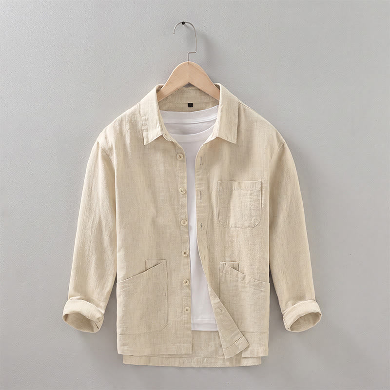 Buddha Stones Fall Casual Minimalist Button-Up Solid Ramie Men's Jacket With Pockets - Wheat - US/UK/AU42，EU52 (3XL) - image 13