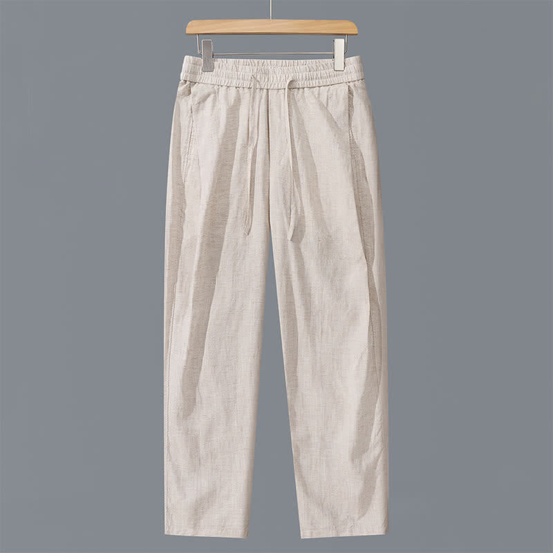 Buddha Stones Spring Summer Casual Drawstring Solid Linen Long Pants Men's Straight Leg Pants With Pockets - Linen - US/UK/AU42，EU52 (3XL) - image 0