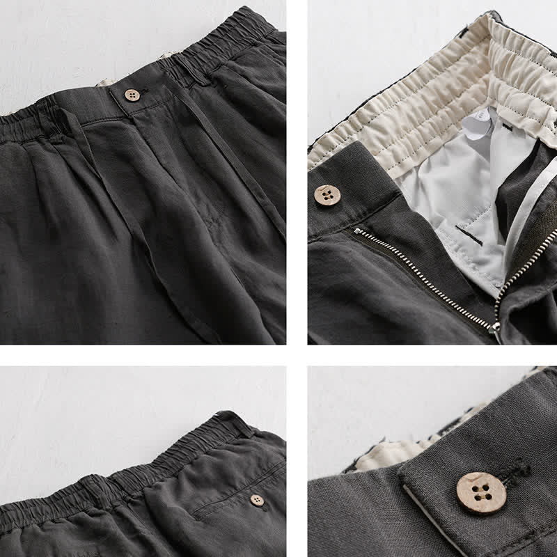 Buddha Stones Spring Summer Casual Drawstring Zipper Design Solid Linen Long Pants Men's Straight Leg Pants With Pockets - image 3