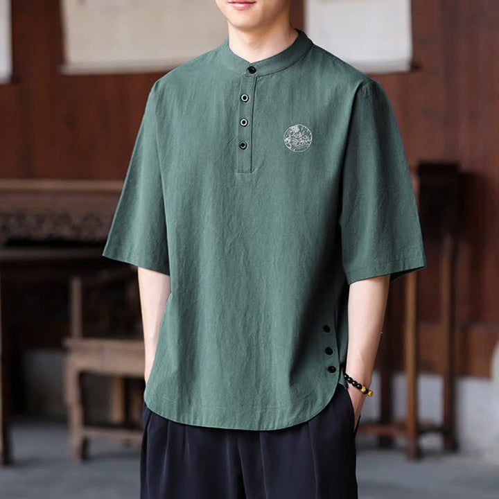 Buddha Stones Summer Casual Tang Style Mandarin Collar Solid Men's Short Sleeve Shirts - image 4