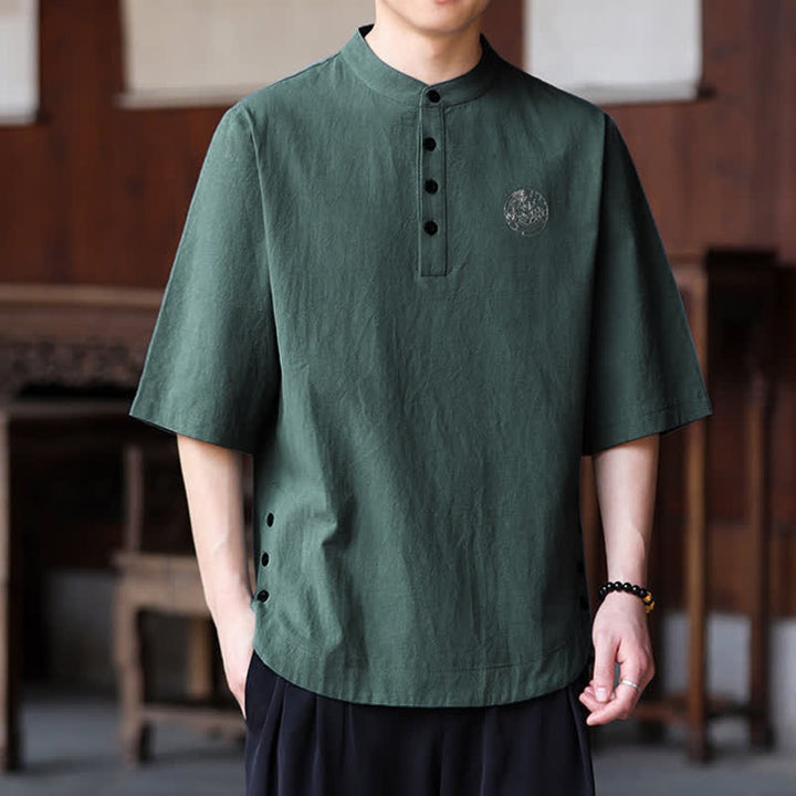 Buddha Stones Summer Casual Tang Style Mandarin Collar Solid Men's Short Sleeve Shirts - image 2