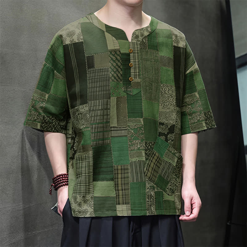 Buddha Stones Summer Casual Boho Patchwork Plaid Design Men's Short Sleeve Shirts With Patch Pocket - image 6