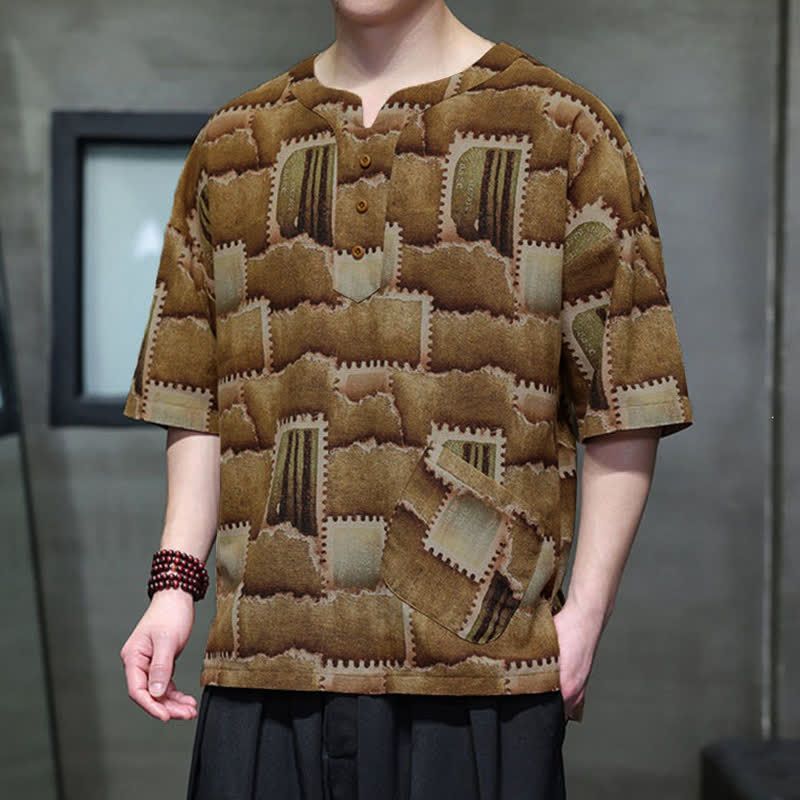 Buddha Stones Summer Casual Boho Patchwork Plaid Design Men's Short Sleeve Shirts With Patch Pocket - image 10