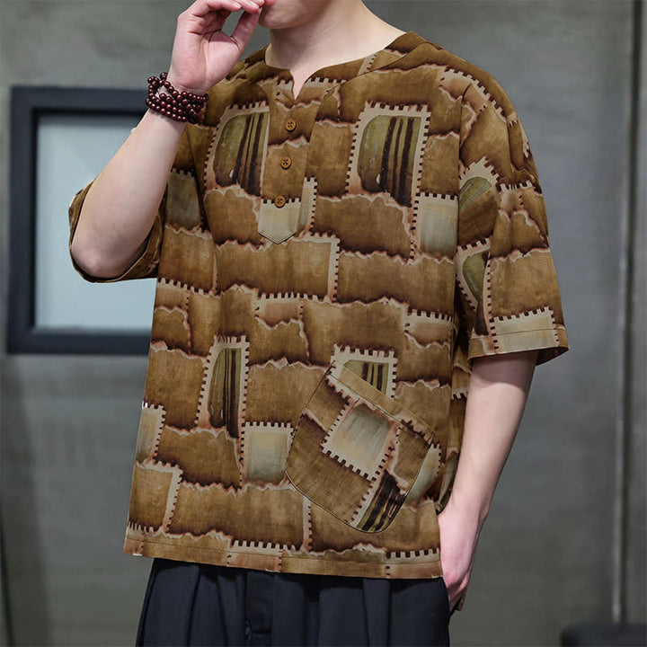 Buddha Stones Summer Casual Boho Patchwork Plaid Design Men's Short Sleeve Shirts With Patch Pocket - image 15