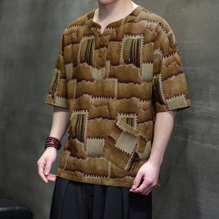 Buddha Stones Summer Casual Boho Patchwork Plaid Design Men's Short Sleeve Shirts With Patch Pocket - image 17