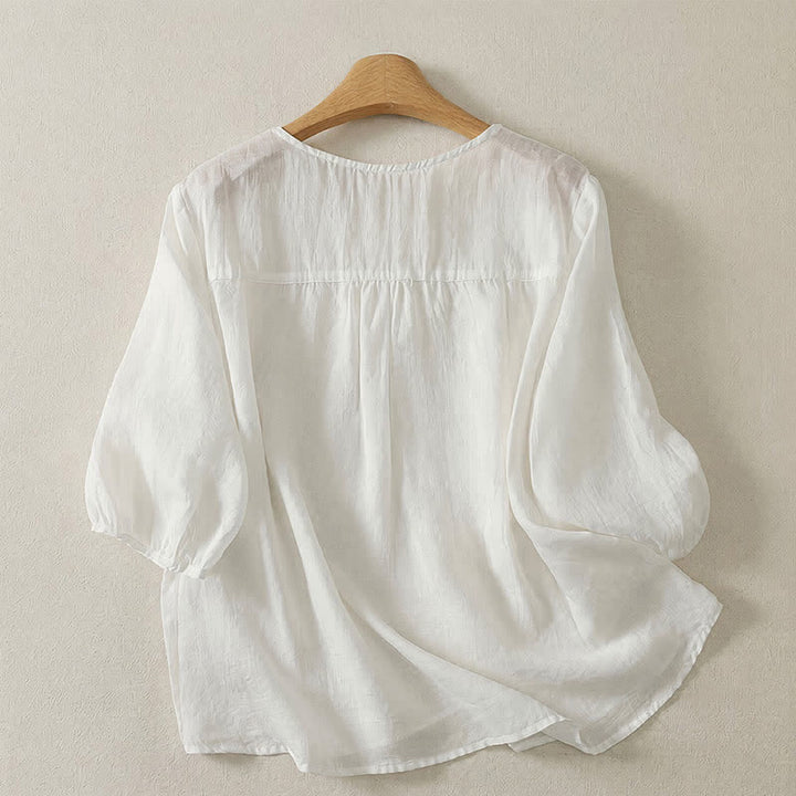 Buddha Stones Spring Summer Casual Vintage Crew Neck Embroidery Solid Women's Three-Quarter Sleeve T-Shirt - image 16