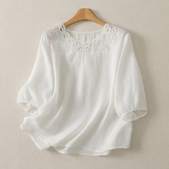 Buddha Stones Spring Summer Casual Vintage Crew Neck Embroidery Solid Women's Three-Quarter Sleeve T-Shirt - White - US12, UK/AU16, EU44 (2XL) - image 15