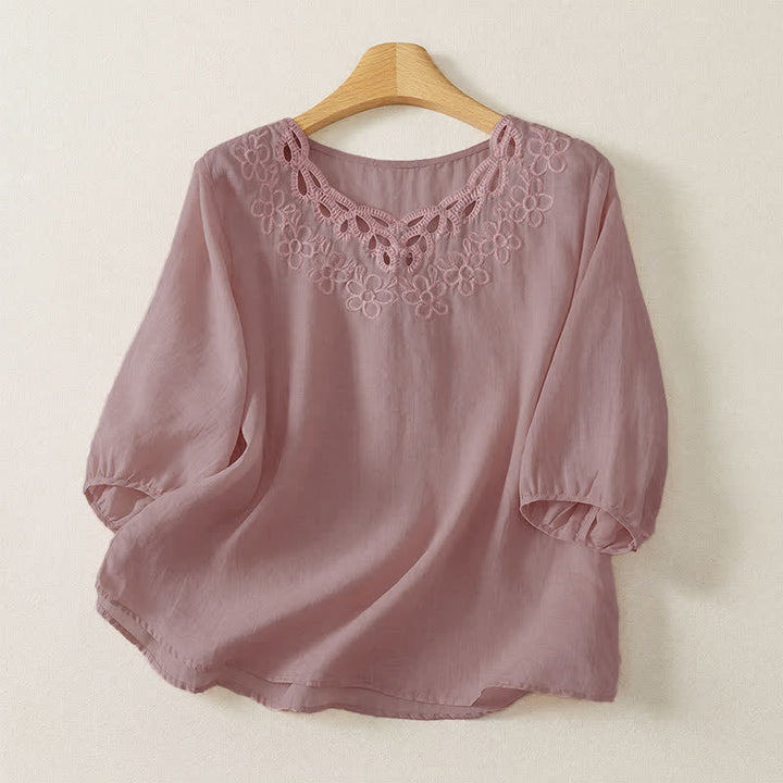 Buddha Stones Spring Summer Casual Vintage Crew Neck Embroidery Solid Women's Three-Quarter Sleeve T-Shirt - Pink - US12, UK/AU16, EU44 (2XL) - image 10