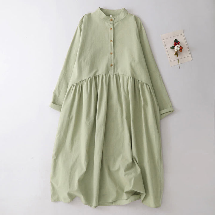 Buddha Stones Spring Fall Casual Tang Style Mandarin Collar Solid Women's Long Sleeve Dress With Pockets - DarkSeaGreen - US12, UK/AU16, EU44 (2XL) - image 1