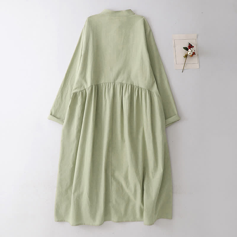 Buddha Stones Spring Fall Casual Tang Style Mandarin Collar Solid Women's Long Sleeve Dress With Pockets - image 2