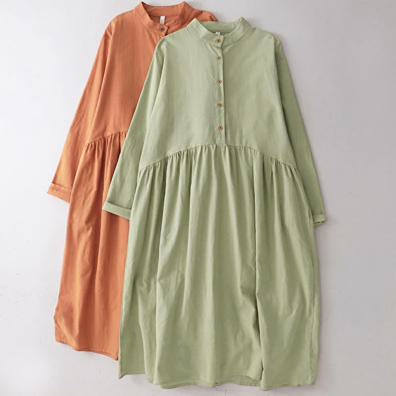 Buddha Stones Spring Fall Casual Tang Style Mandarin Collar Solid Women's Long Sleeve Dress With Pockets - image 0