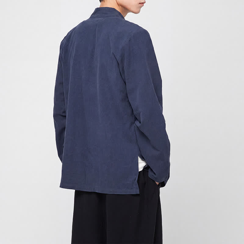 Buddha Stones Spring Fall Tang Style Minimalist Mandarin Collar Frog Button Solid Men's Long Sleeve Shirts - image 8
