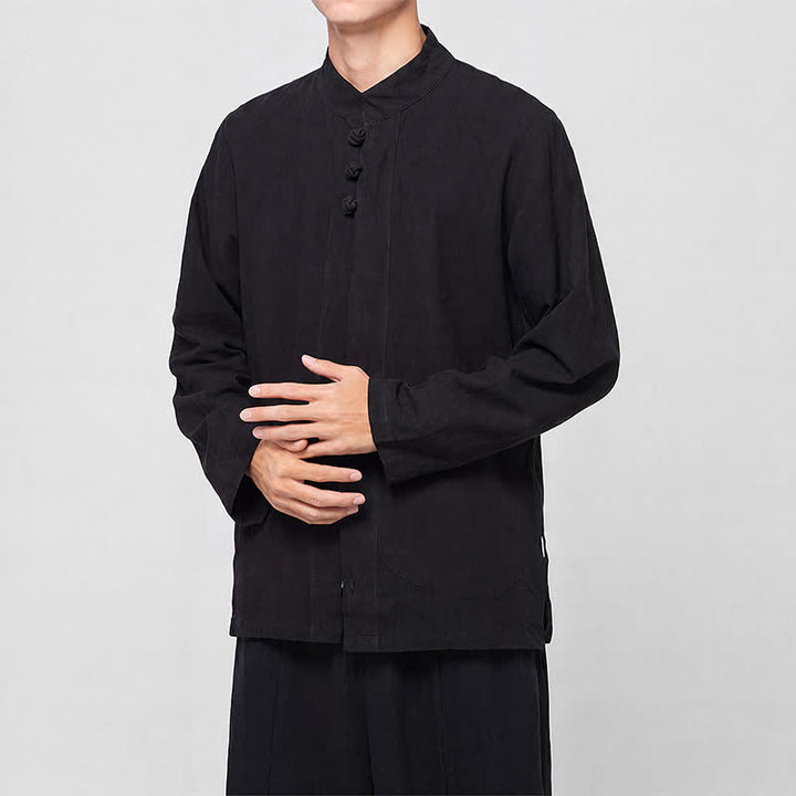 Buddha Stones Spring Fall Tang Style Minimalist Mandarin Collar Frog Button Solid Men's Long Sleeve Shirts - image 12