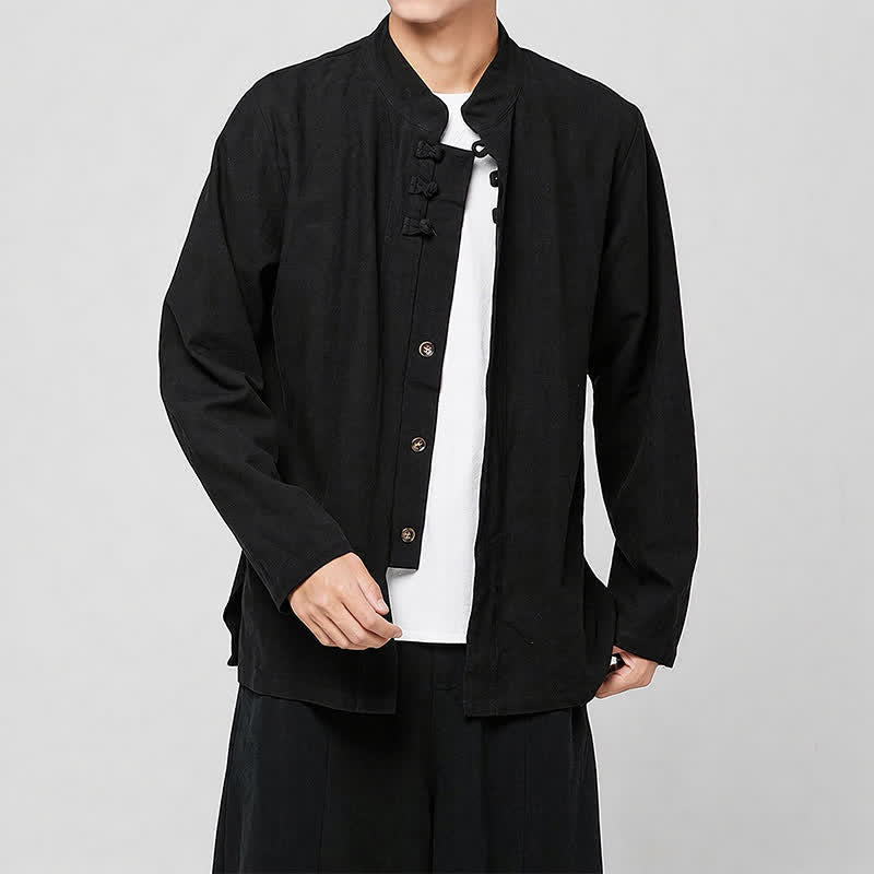 Buddha Stones Spring Fall Tang Style Minimalist Mandarin Collar Frog Button Solid Men's Long Sleeve Shirts - image 10