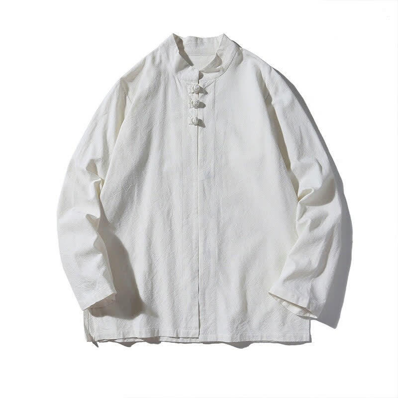 Buddha Stones Spring Fall Tang Style Minimalist Mandarin Collar Frog Button Solid Men's Long Sleeve Shirts - image 17