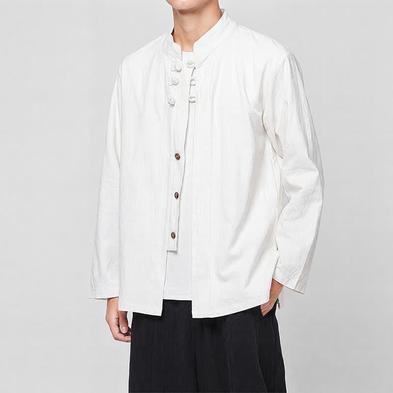 Buddha Stones Spring Fall Tang Style Minimalist Mandarin Collar Frog Button Solid Men's Long Sleeve Shirts - image 15