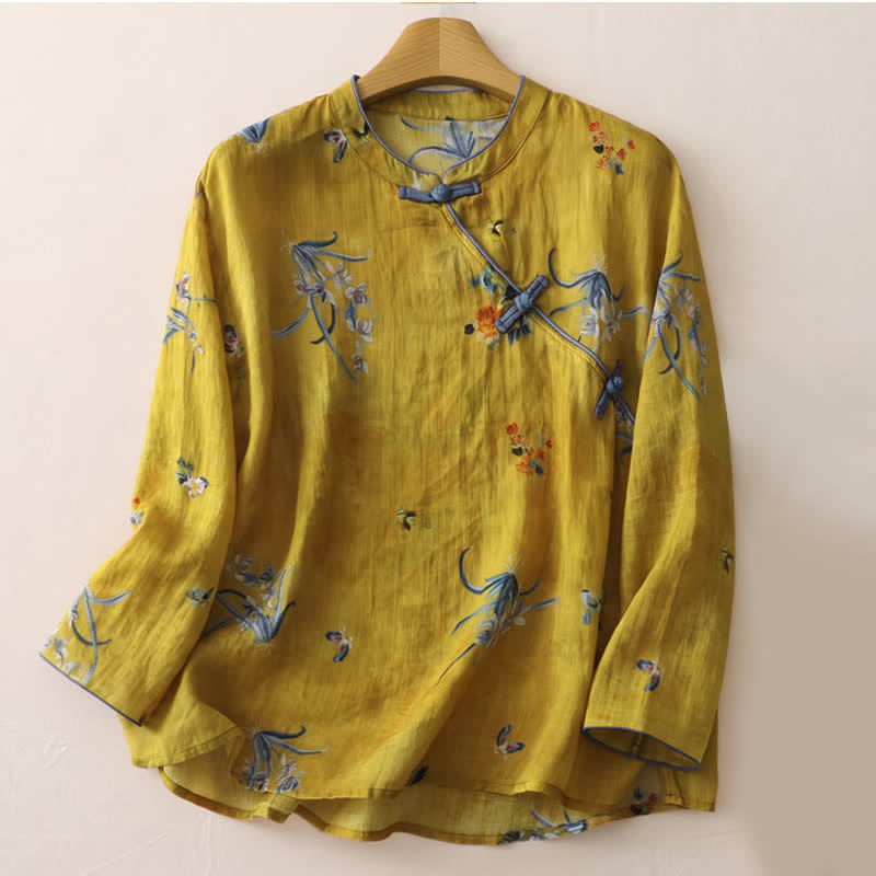 Buddha Stones Summer Tang Style Vintage Frog Button Orchid Floral Women's Sleeveless Shirts Tank Top - Peru - Long Sleeve - US12，UK/AU16，EU44 (2XL) - image 40