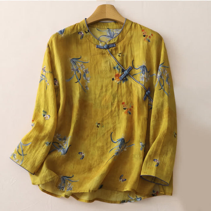Buddha Stones Summer Tang Style Vintage Frog Button Orchid Floral Women's Sleeveless Shirts Tank Top - Peru - Long Sleeve - US12，UK/AU16，EU44 (2XL) - image 40