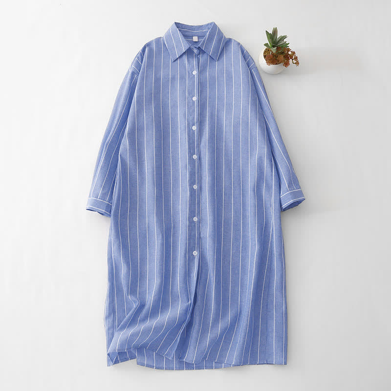 Buddha Stones Spring Casual Minimalist Button-Up Striped Women's Long Sleeve Dresses - LightSteelBlue - US12, UK/AU16, EU44 (2XL) - image 0