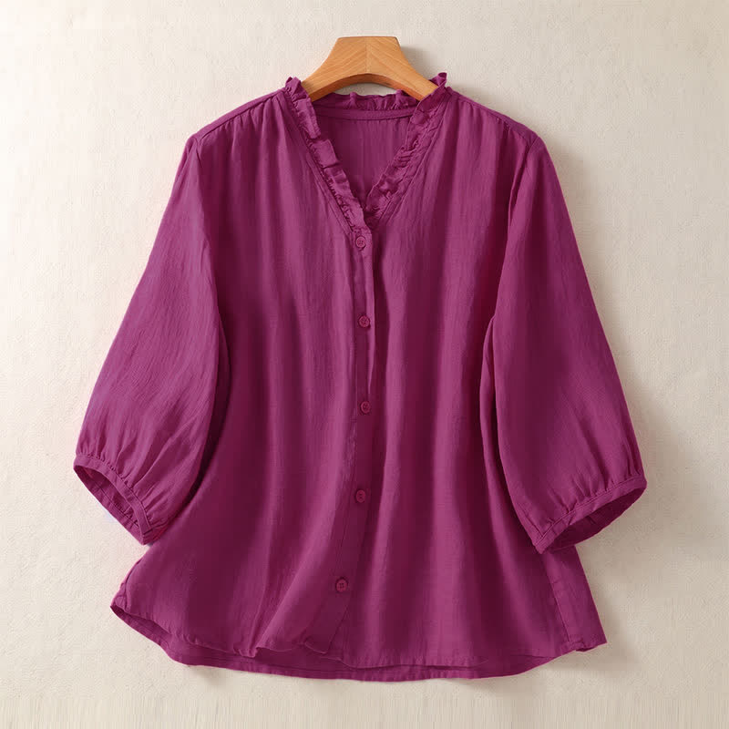 Buddha Stones Spring Summer Casual Button-Up Solid Women's Short Sleeve Shirts - MediumVioletRed - US8-10, UK/AU12-14, EU40-42 (2XL) - image 6
