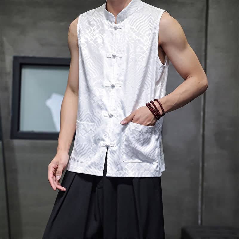 Buddha Stones Summer Tang Style Mandarin Collar Frog Button Abstract Ocean Waves Tank Top Men's Sleeveless Shirts With Pocket - image 19