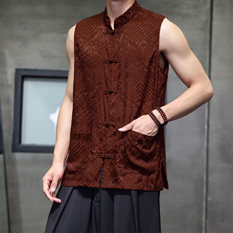 Buddha Stones Summer Tang Style Mandarin Collar Frog Button Abstract Ocean Waves Tank Top Men's Sleeveless Shirts With Pocket - image 12