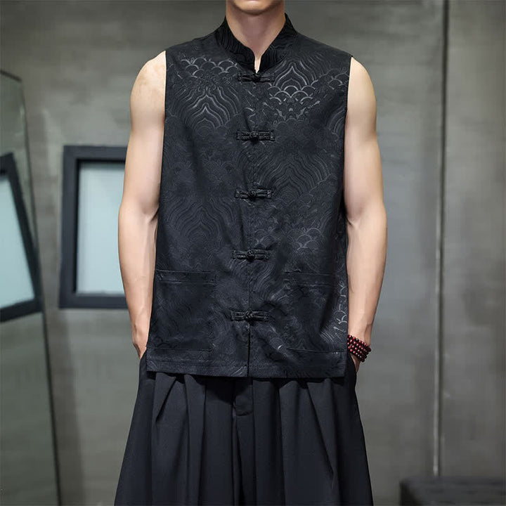 Buddha Stones Summer Tang Style Mandarin Collar Frog Button Abstract Ocean Waves Tank Top Men's Sleeveless Shirts With Pocket - Black - US/UK/AU46, EU56 (5XL) - image 14