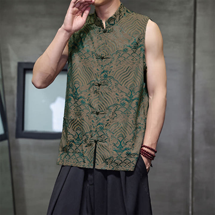 Buddha Stones Summer Tang Style Mandarin Collar Frog Button Abstract Ocean Waves Tank Top Men's Sleeveless Shirts With Pocket - image 4