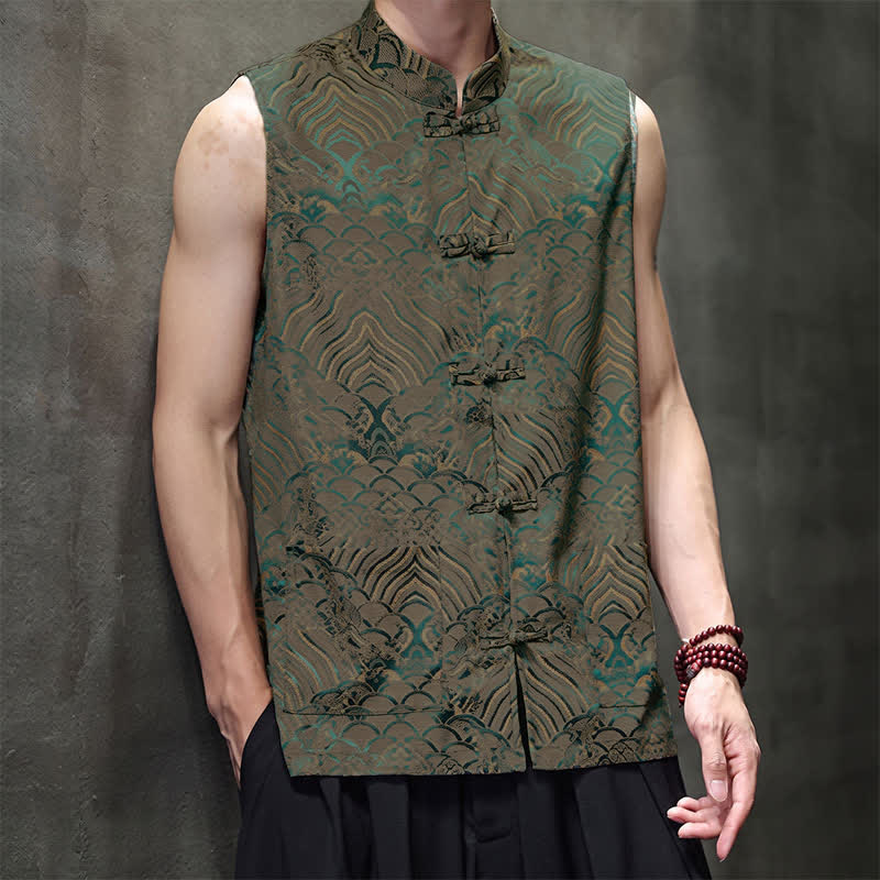 Buddha Stones Summer Tang Style Mandarin Collar Frog Button Abstract Ocean Waves Tank Top Men's Sleeveless Shirts With Pocket - image 5