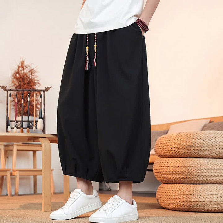 Buddha Stones Spring Summer Casual Minimalist Drawstring Solid Capri Pants Men's Harem Pants With Pocket - image 18
