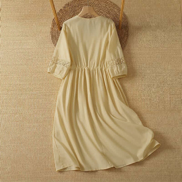Buddha Stones 2Pcs Summer Casual Boho Solid Crew Neck Women's Elbow-Length Sleeve Dress With Pocket - image 1