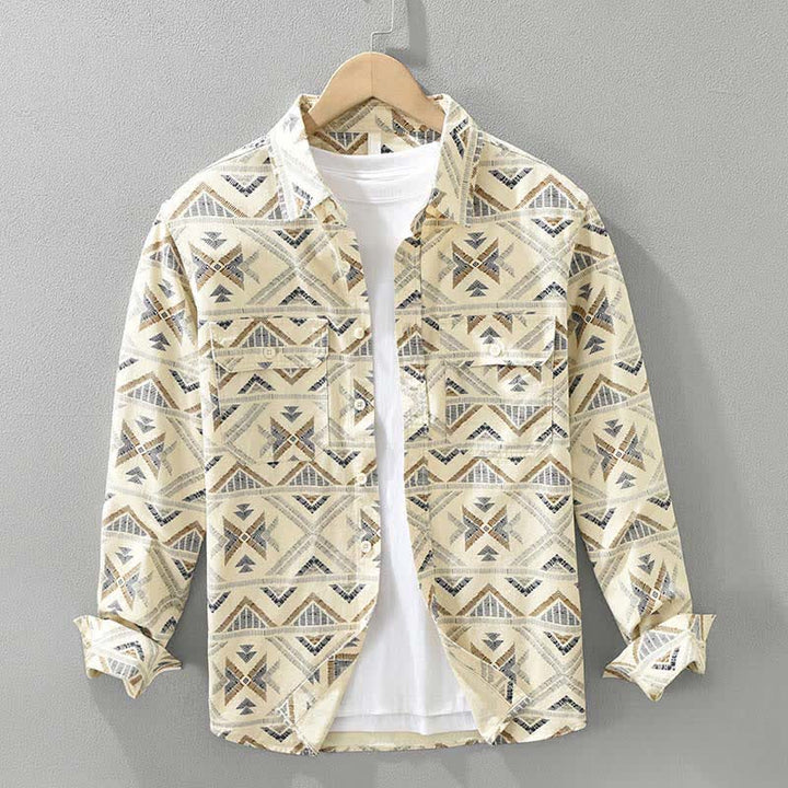 Buddha Stones Spring Fall Casual Boho Button-Up Geometric Cotton Men's Long Sleeve Shirts With Pocket - Khaki - US/UK/AU42, EU52 (3XL) - image 0