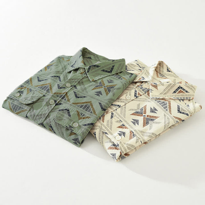 Buddha Stones Spring Fall Casual Boho Button-Up Geometric Cotton Men's Long Sleeve Shirts With Pocket - image 13