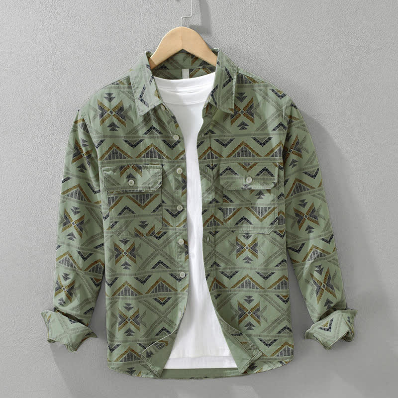 Buddha Stones Spring Fall Casual Boho Button-Up Geometric Cotton Men's Long Sleeve Shirts With Pocket - DarkSeaGreen - US/UK/AU42, EU52 (3XL) - image 5