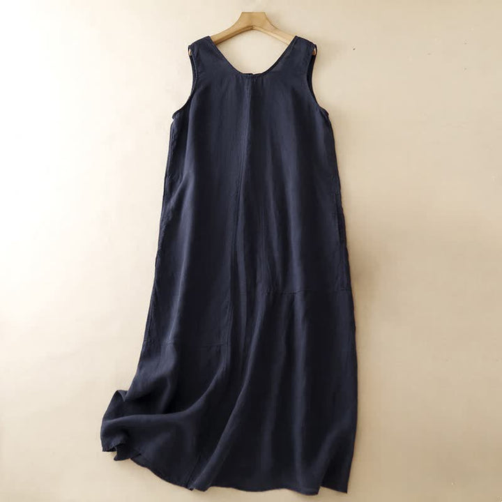Buddha Stones Summer Casual Minimalist Solid Crew Neck Women's Summer Sleeveless Dress With Pocket - Navy - US14, UK/AU18, EU46 (2XL) - image 9