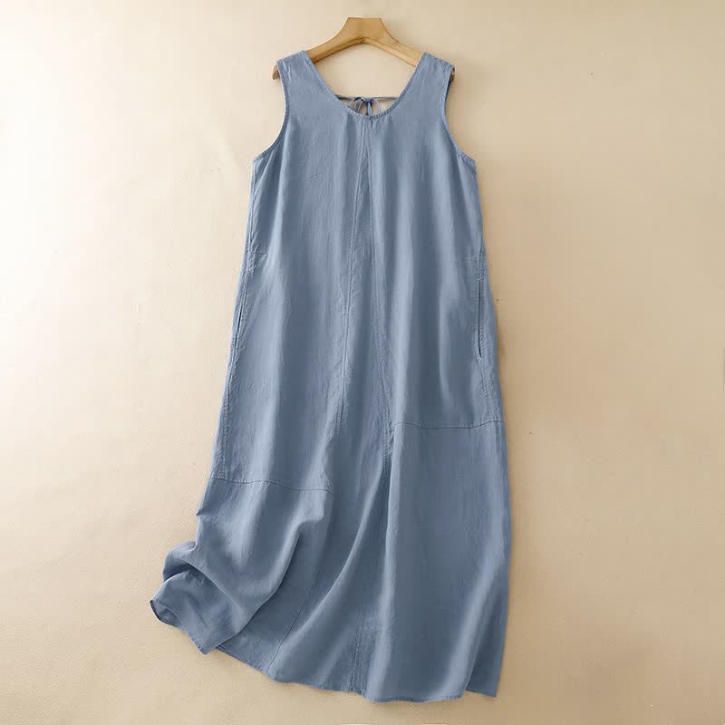 Buddha Stones Summer Casual Minimalist Solid Crew Neck Women's Summer Sleeveless Dress With Pocket - LightSteelBlue - US14, UK/AU18, EU46 (2XL) - image 0