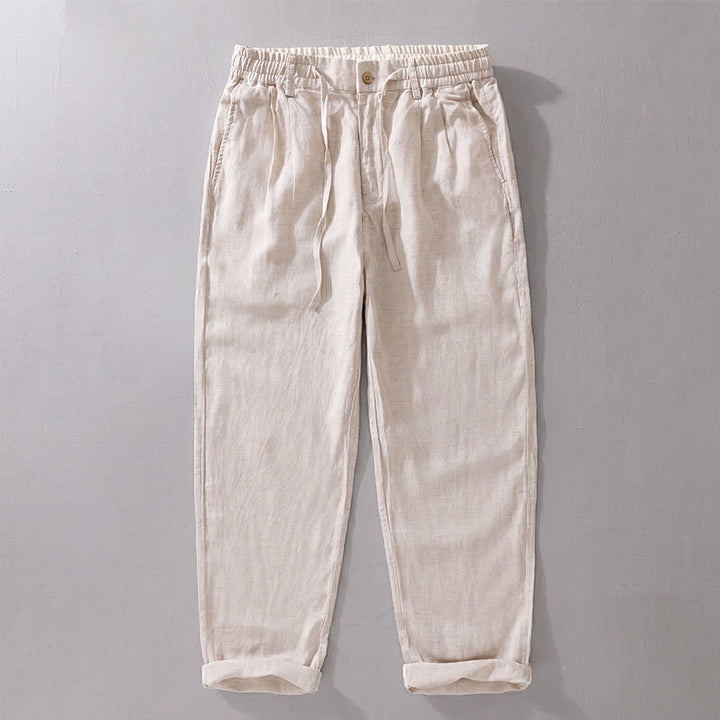Buddha Stones Spring Summer Casual Drawstring Zipper Design Solid Linen Long Pants Men's Straight Leg Pants With Pockets - Linen - US/UK/AU42，EU52 (3XL) - image 0