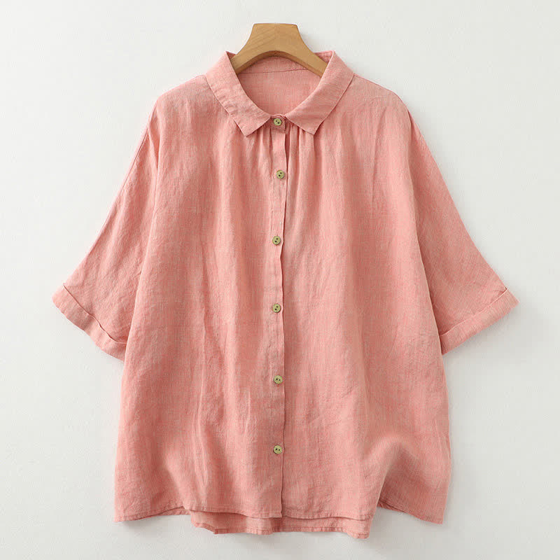 Buddha Stones Casual Plain Buttons Women's Half Sleeve Shirt - Salmon - US12，UK/AU16，EU44 (2XL) - image 8