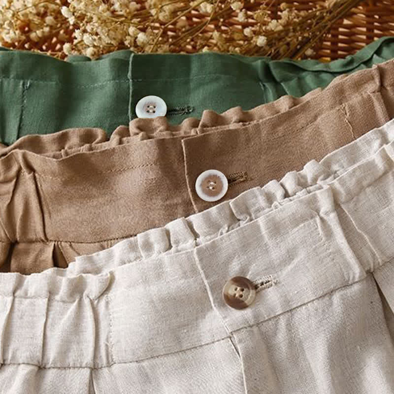 Buddha Stones Plain Color Pleated Zipper Button Cotton Linen Women's Shorts With Pockets - image 22