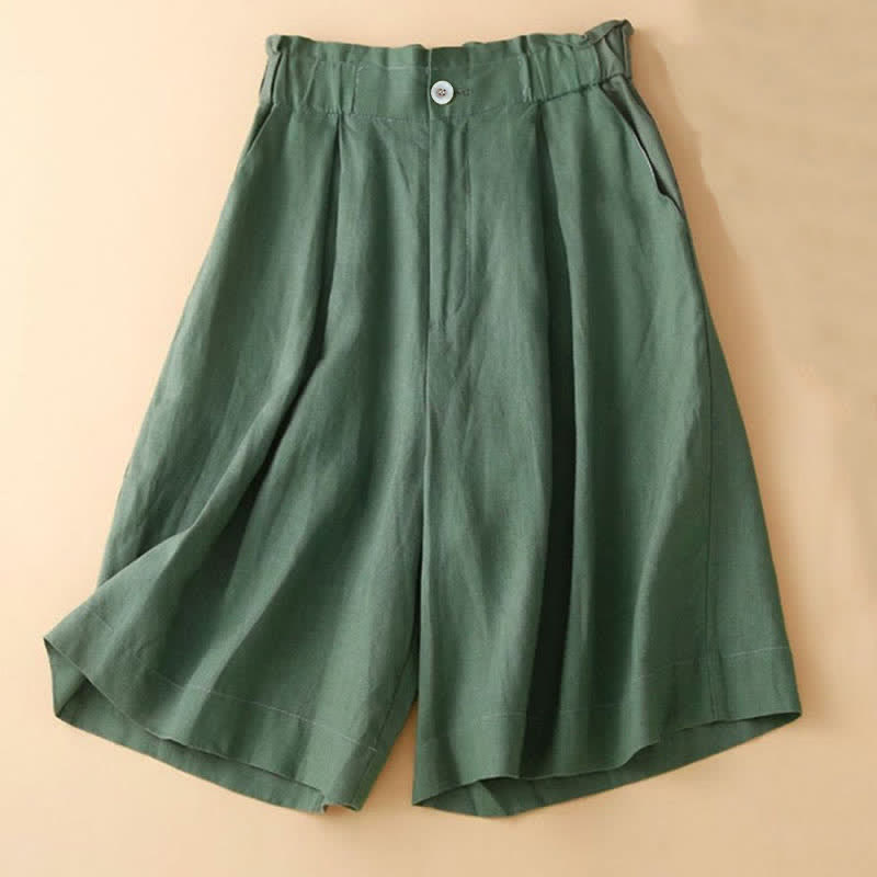 Buddha Stones Plain Color Pleated Zipper Button Cotton Linen Women's Shorts With Pockets - image 14