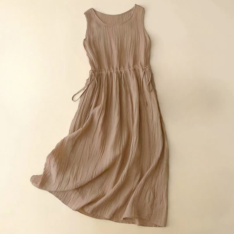 Buddha Stones Casual Plain Handmade Drawstring Waist Midi Dress Sleeveless Dress With Pockets - BurlyWood - US8-10，UK/AU12-14，EU40-42 (2XL) - image 0