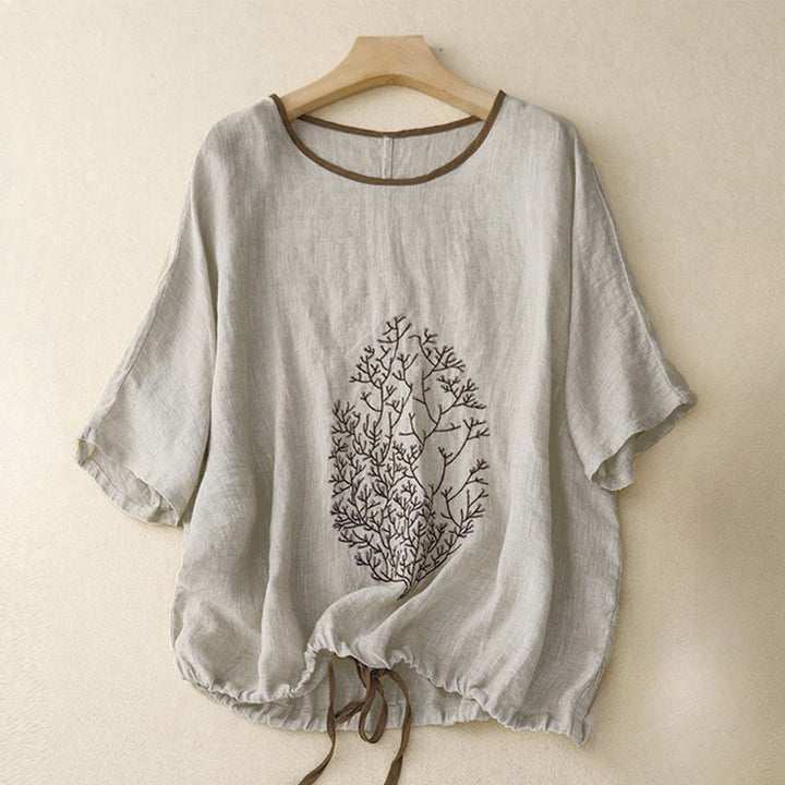Buddha Stones Casual Embroidery Tree Drawstring Women's Crew Neck Design Half Sleeve T-Shirt - LightGrey - Half Sleeve - US14，UK/AU18，EU46 (2XL) - image 0