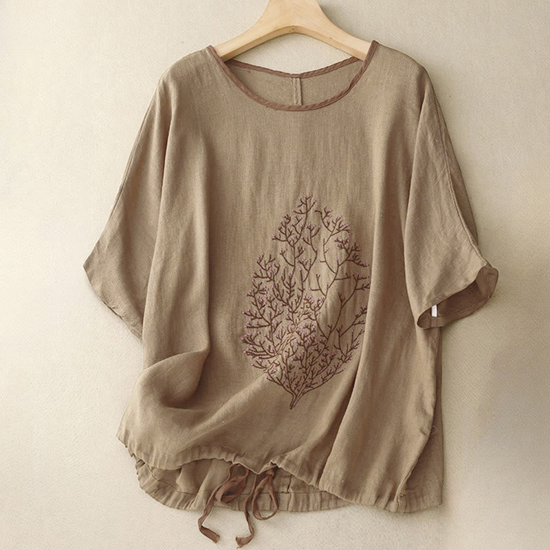 Buddha Stones Casual Embroidery Tree Drawstring Women's Crew Neck Design Half Sleeve T-Shirt - Olive - US14，UK/AU18，EU46 (2XL) - image 15