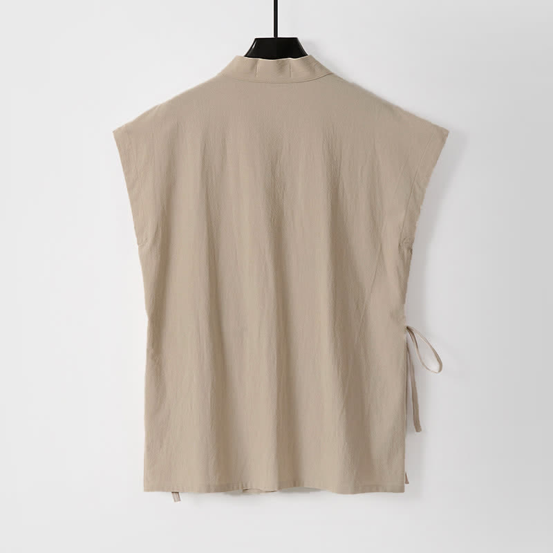 Buddha Stones 2Pcs Summer Meditation Tang Style Drawstring Solid Cotton Linen Short Sleeve Shirt Shorts Men's Meditation Cloth With Pockets - image 11