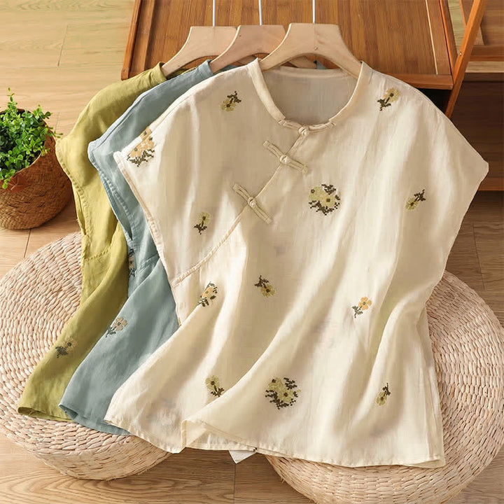 Buddha Stones Summer Casual Tang Style Mandarin Collar Embroidery Floral Tank Top Women's Sleeveless Shirts - image 22