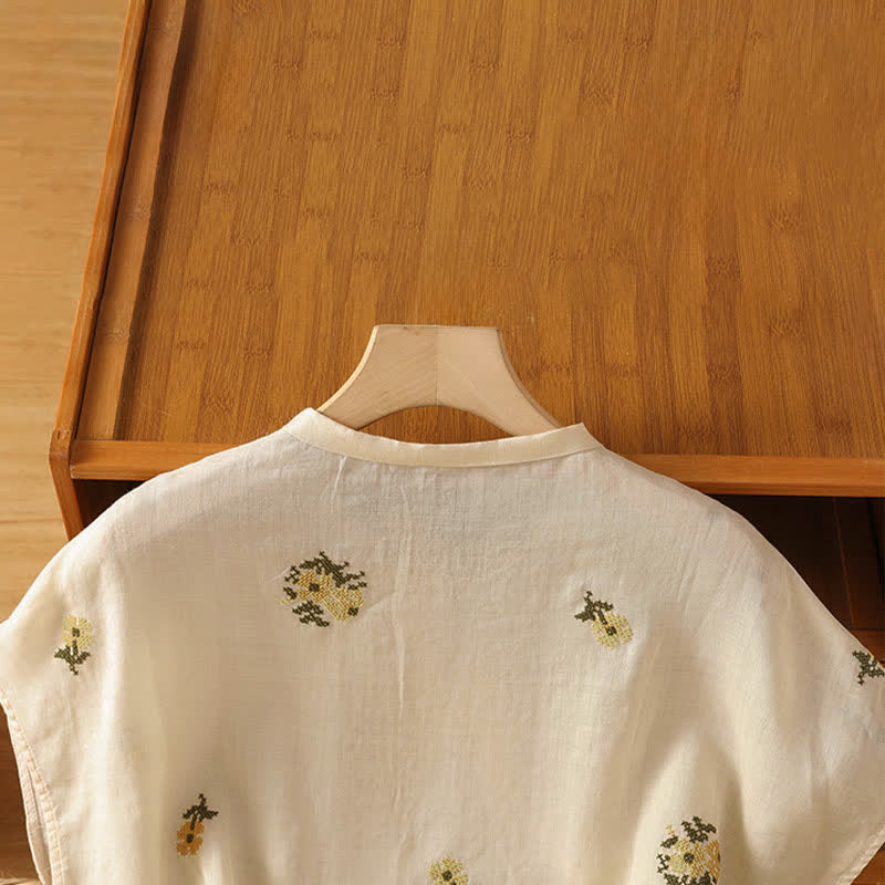 Buddha Stones Summer Casual Tang Style Mandarin Collar Embroidery Floral Tank Top Women's Sleeveless Shirts - image 3